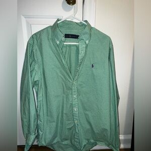 Ralph Lauren Large Gingham Green and White Shirt with Purple RL emblem